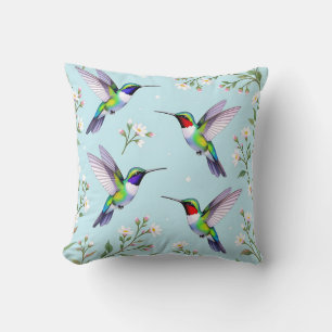 Vibrant Hummingbirds and White Cherry Blossom Throw Pillow