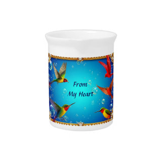 Vibrant Hummingbirds in Ornate Frame with Pearls Beverage Pitcher