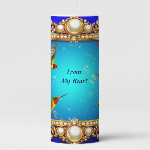 Vibrant Hummingbirds in Ornate Frame with Pearls Pillar Candle
