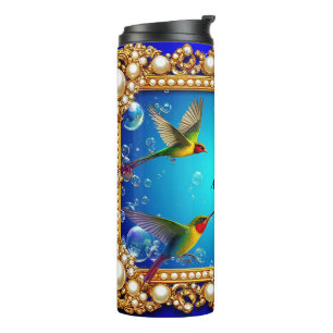 Vibrant Hummingbirds in Ornate Frame with Pearls Thermal Tumbler