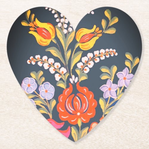 Vibrant Hungarian flowers   heart  shaped Paper Coaster