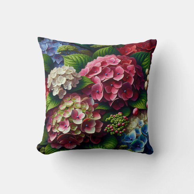 “Vibrant Hydrangeas with Dew" Throw Pillow (Front)