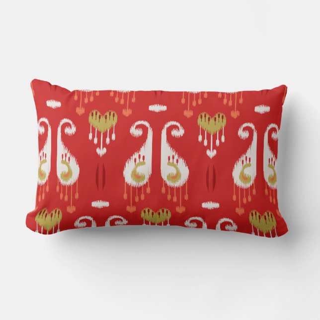 Vibrant ikat pattern in red and gold lumbar pillow (Front)