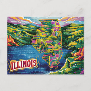 Vibrant Illinois Illustrated Map Postcard