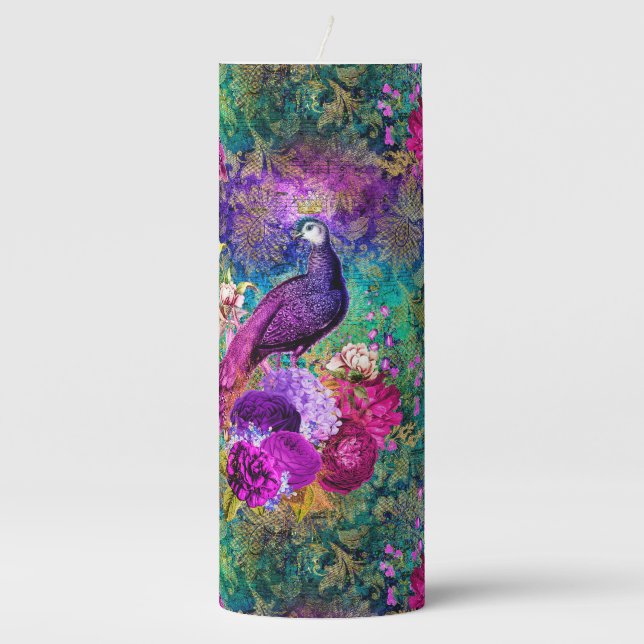 Vibrant Illustrated Peacock Pattern Pillar Candle (Front)