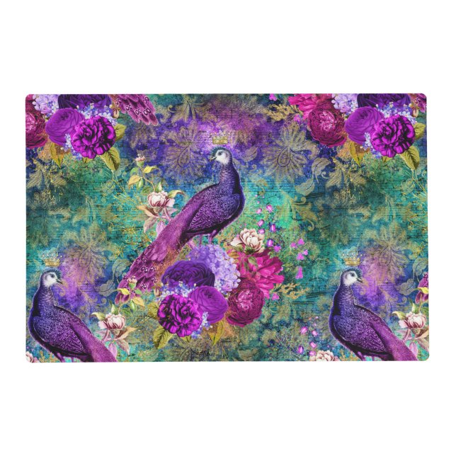 Vibrant Illustrated Peacock Pattern Placemat (Front)