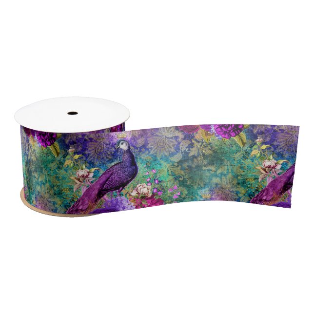 Vibrant Illustrated Peacock Pattern Satin Ribbon (Spool)