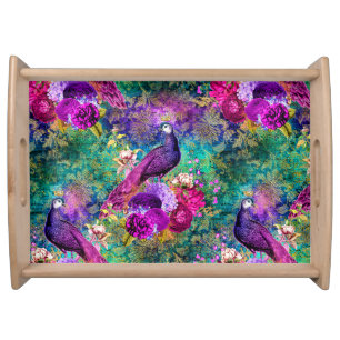 Vibrant Illustrated Peacock Pattern Serving Tray