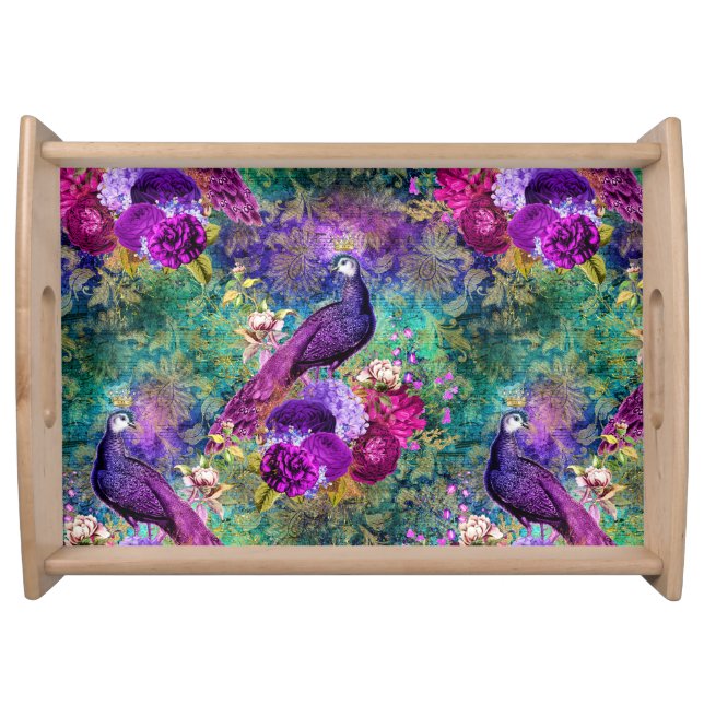 Vibrant Illustrated Peacock Pattern Serving Tray (Front)