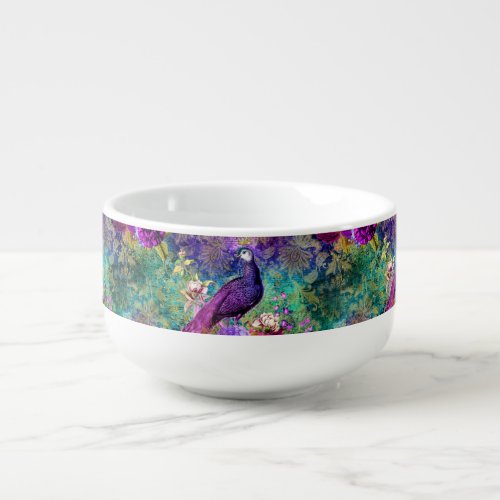 Vibrant Illustrated Peacock Pattern Soup Mug