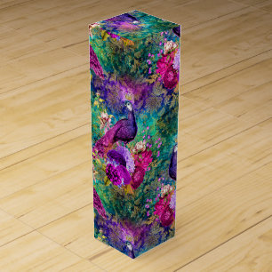 Vibrant Illustrated Peacock Pattern Wine Box