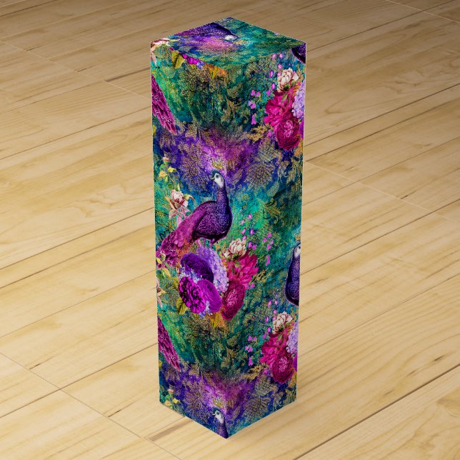 Vibrant Illustrated Peacock Pattern Wine Box (Front)
