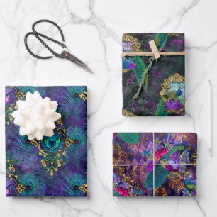 Vibrant Illustrated Peacock Pattern Wrapping Paper Sheets