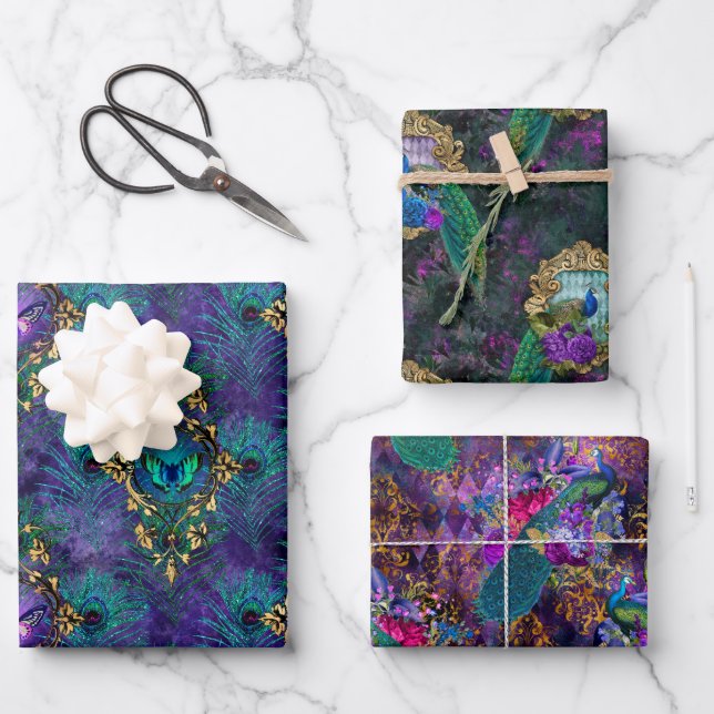 Vibrant Illustrated Peacock Pattern Wrapping Paper Sheets (Front)