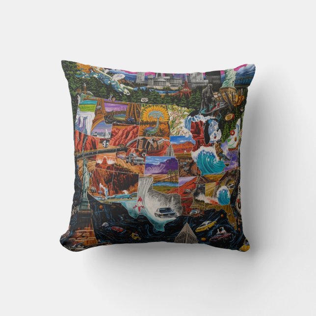 Vibrant Illustrated USA Map with Iconic Landmarks Throw Pillow (Front)