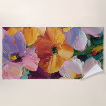 Vibrant Impasto Floral Painting Beach Towel