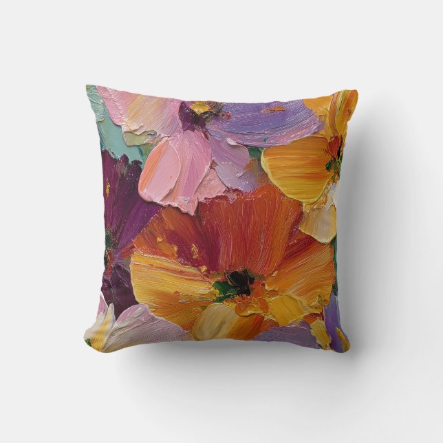 Vibrant Impasto Floral Painting Throw Pillow (Front)