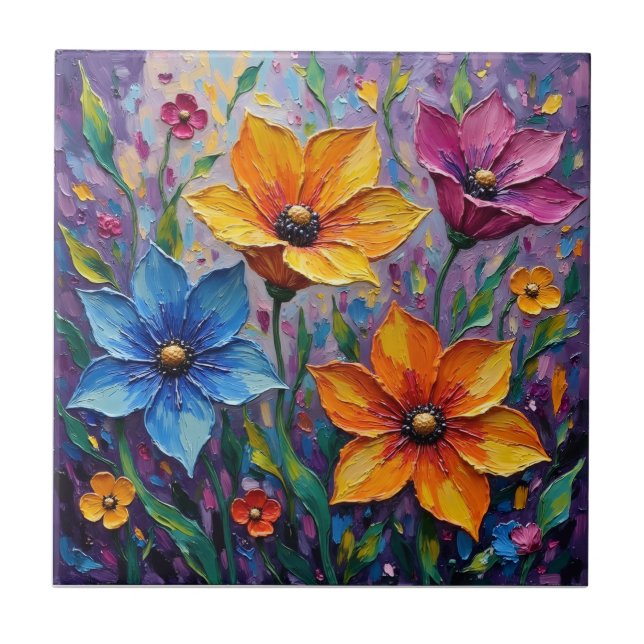 Vibrant Impasto Wildflowers Ceramic Tile (Front)