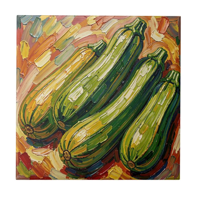 Vibrant Impasto Zucchini Painting Ceramic Tile (Front)