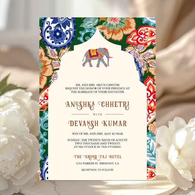 Vibrant Indian Folk Art Elephant Cream Wedding Invitation (Creator Uploaded)
