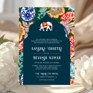 Vibrant Indian Folk Art Elephant Dark Blue Wedding Invitation
