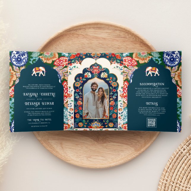 Vibrant Indian Folk Art Elephant Dark Blue Wedding Tri-Fold Invitation (Creator Uploaded)