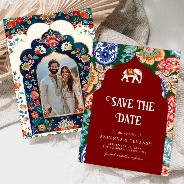 Vibrant Indian Folk Art Elephant Dark Red Wedding Save The Date (Creator Uploaded)