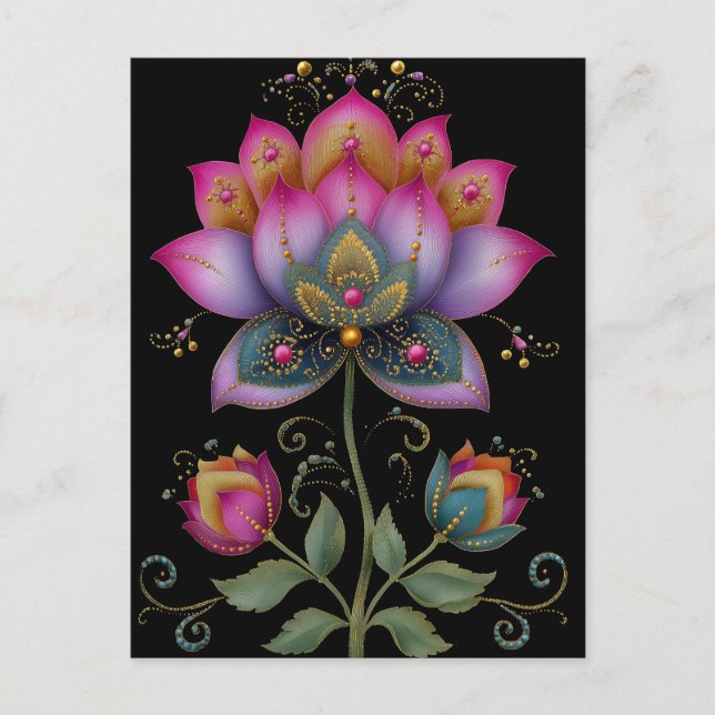Vibrant Indian Mehndi Lotus Flower Pink Blue Gold  Postcard (Front)