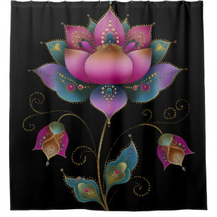 Vibrant Indian Mehndi Lotus Flower Pink Blue Gold Shower Curtain