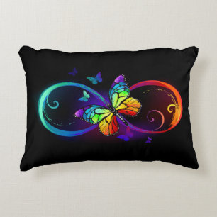 Vibrant infinity with rainbow butterfly on black accent pillow