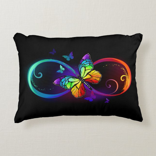 Vibrant infinity with rainbow butterfly on black accent pillow (Front)