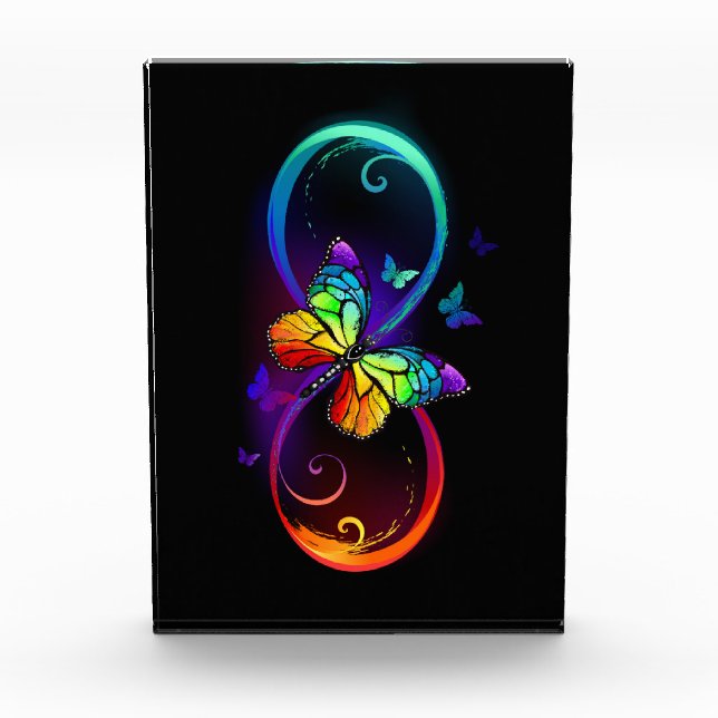 Vibrant infinity with rainbow butterfly on black acrylic award (Front)