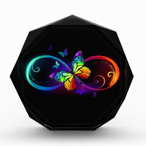 Vibrant infinity with rainbow butterfly on black acrylic award