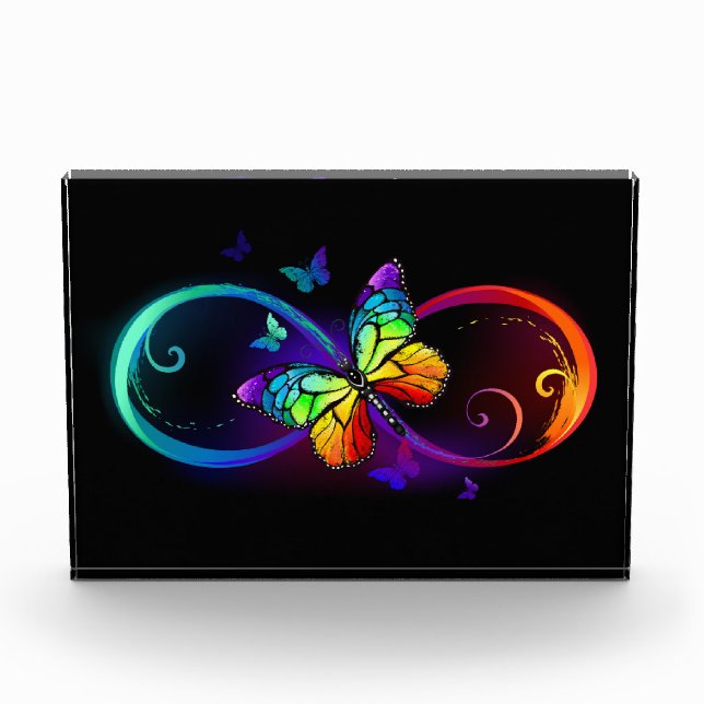 Vibrant infinity with rainbow butterfly on black acrylic award (Front)