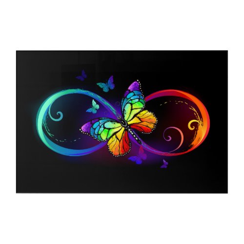 Vibrant infinity with rainbow butterfly on black acrylic print