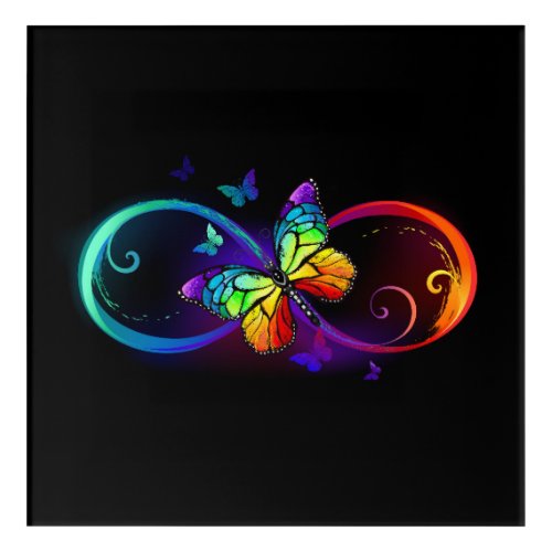 Vibrant infinity with rainbow butterfly on black acrylic print