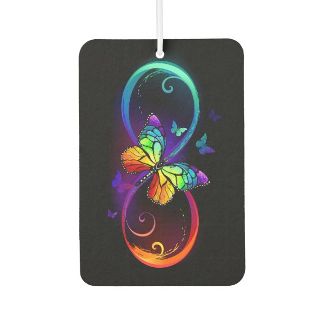 Vibrant infinity with rainbow butterfly on black  air freshener (Front)