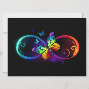 Vibrant infinity with rainbow butterfly on black announcement