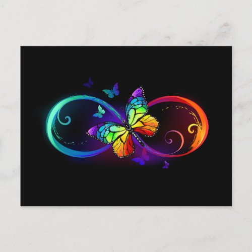 Vibrant infinity with rainbow butterfly on black announcement postcard