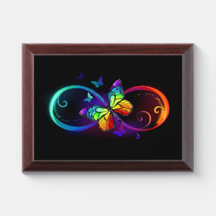 Vibrant infinity with rainbow butterfly on black award plaque