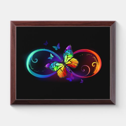 Vibrant infinity with rainbow butterfly on black award plaque