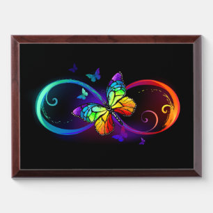 Vibrant infinity with rainbow butterfly on black award plaque
