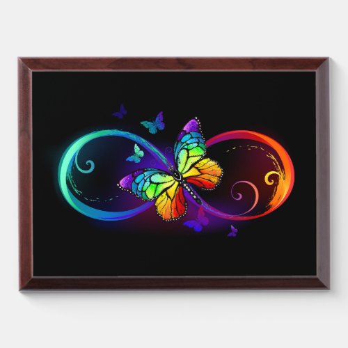 Vibrant infinity with rainbow butterfly on black award plaque