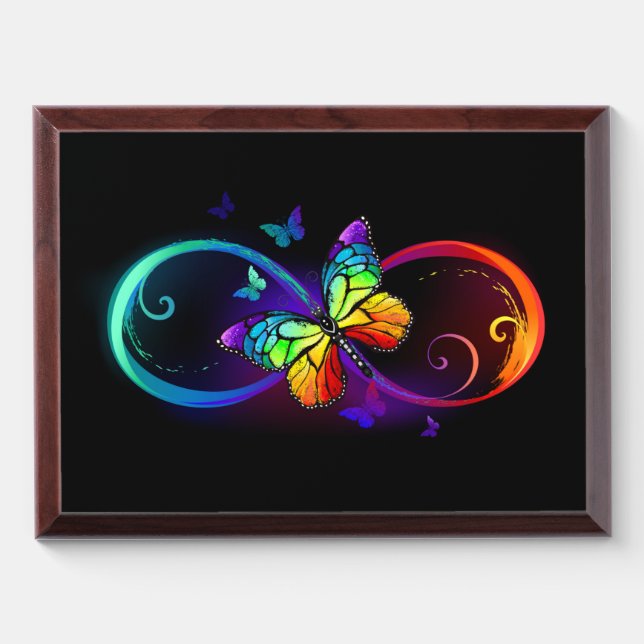 Vibrant infinity with rainbow butterfly on black award plaque (Horizontal)