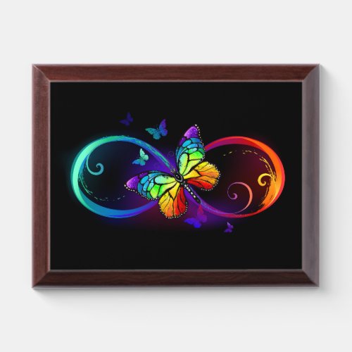 Vibrant infinity with rainbow butterfly on black award plaque