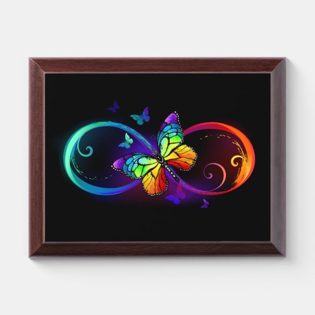 Vibrant infinity with rainbow butterfly on black award plaque (Horizontal)