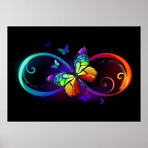 Vibrant infinity with rainbow butterfly on black b poster