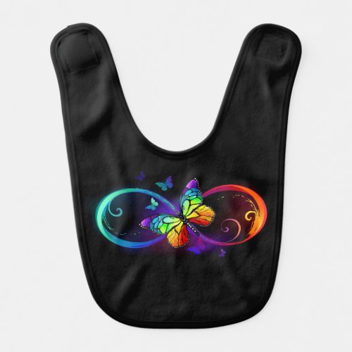 Vibrant infinity with rainbow butterfly on black  baby bib