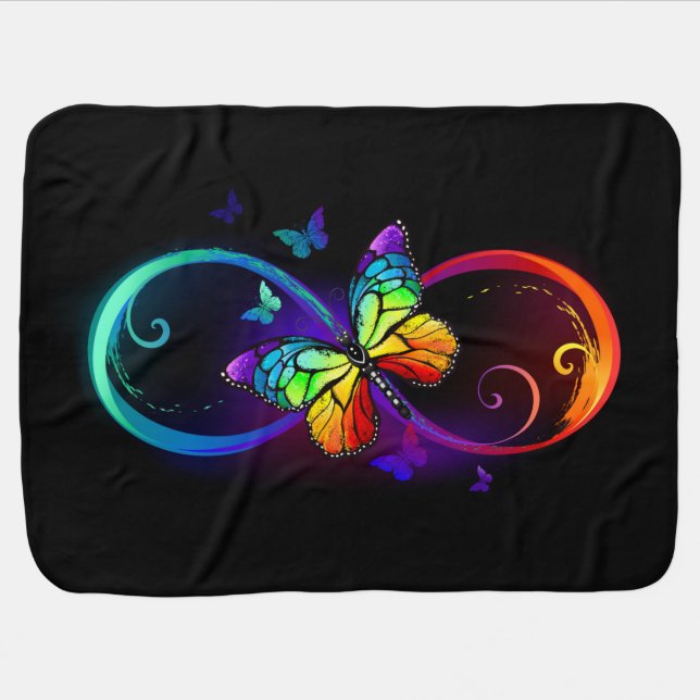 Vibrant infinity with rainbow butterfly on black baby blanket (Horizontal)