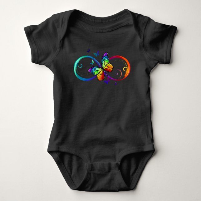 Vibrant infinity with rainbow butterfly on black baby bodysuit (Front)